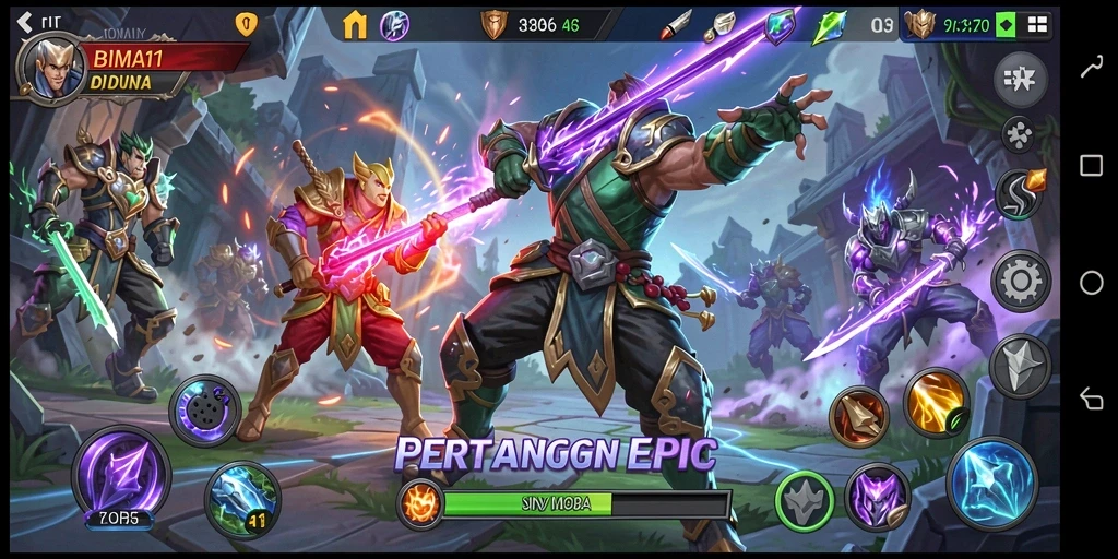 Screenshot gameplay BIMA11 menampilkan aksi seru dalam pertarungan tim MOBA.