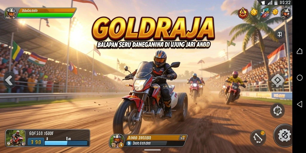 Screenshot gameplay GOLDRAJA menunjukkan aksi balapan yang mendebarkan.