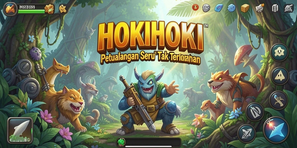 Tampilan gameplay HOKIHOKI dengan petualangan seru dan karakter menarik.